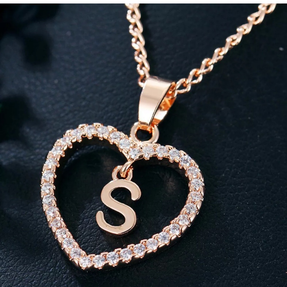 Crystal Gold Tone Letter  S Love Heart necklace